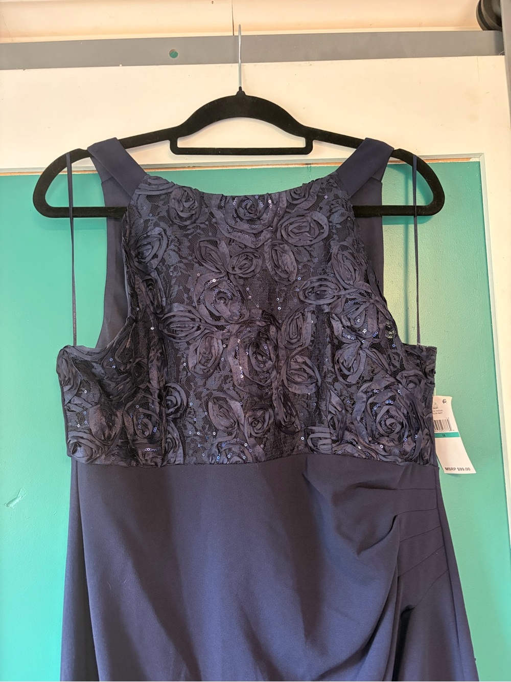 Navy Floral Lace A-Line Evening Dress